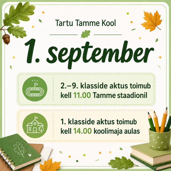2. - 9. klasside aktus toimub Tamme staadionil kell 11.00. Esimeste klasside aktus toimub Tartu Tamme Kooli aulas kell 14.00